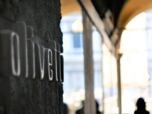 A close-up of the sign for the Scarpa-designed Olivetti showroom in Venice.