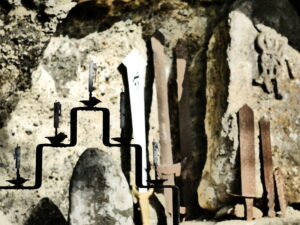 A candelabra and several rusted swords at a Shinto shrine near Akiu, Japan.